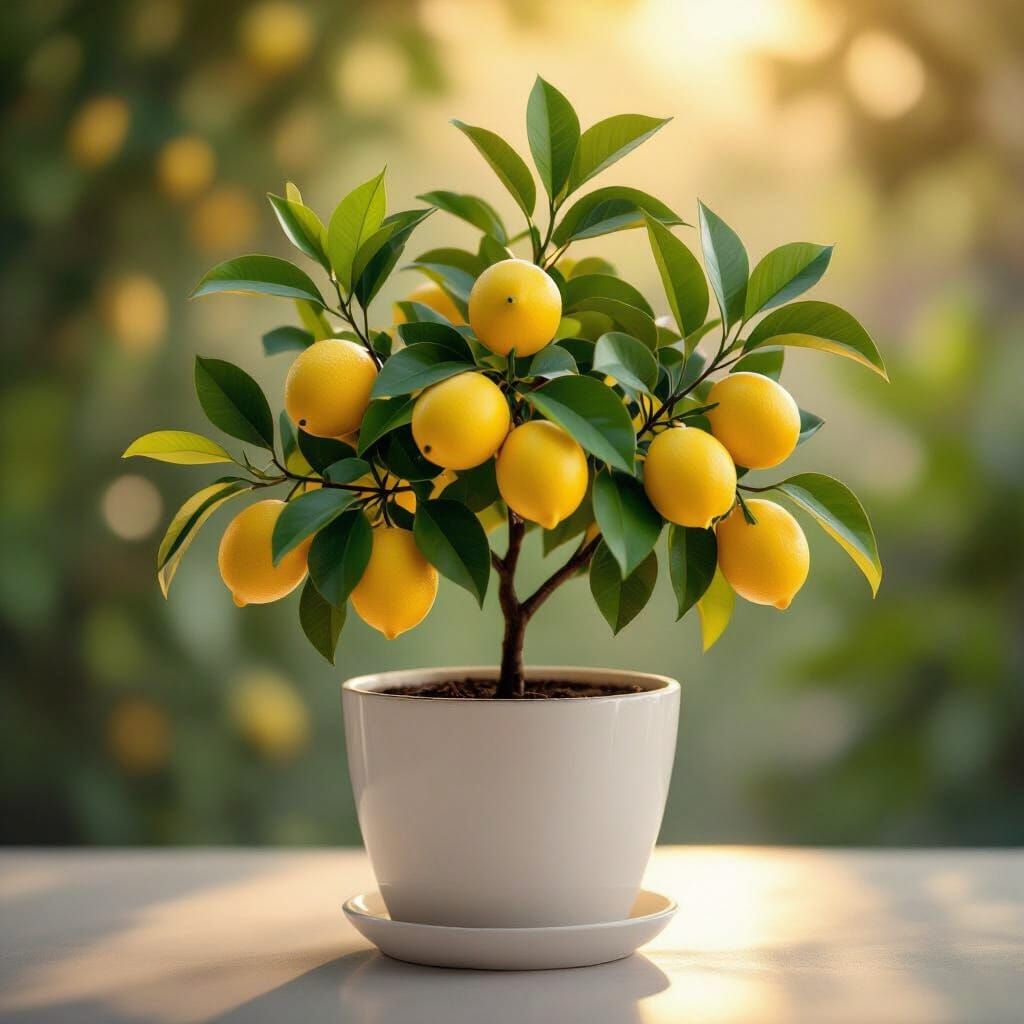 Vibrant Lemon Tree in White Pot with Green Lemons