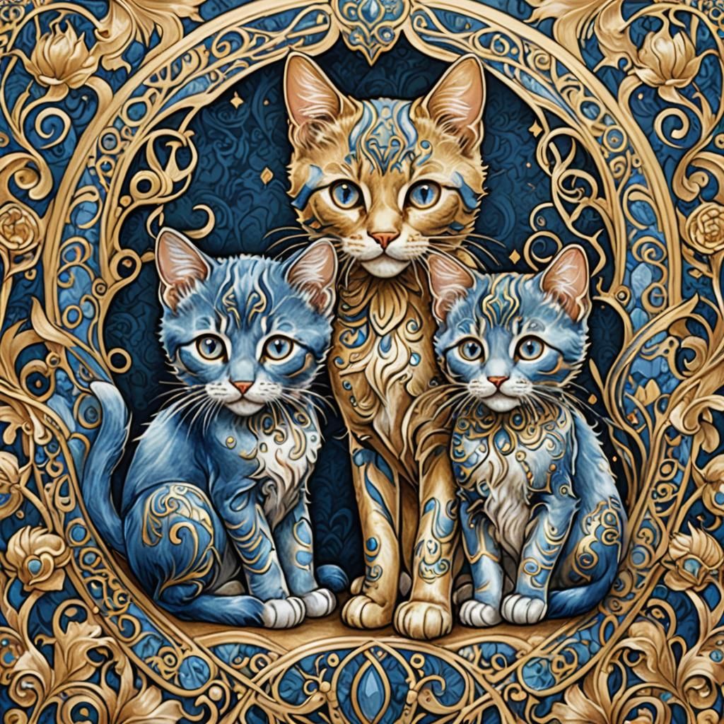 Blue and Gold Kittens in Art Nouveau Style