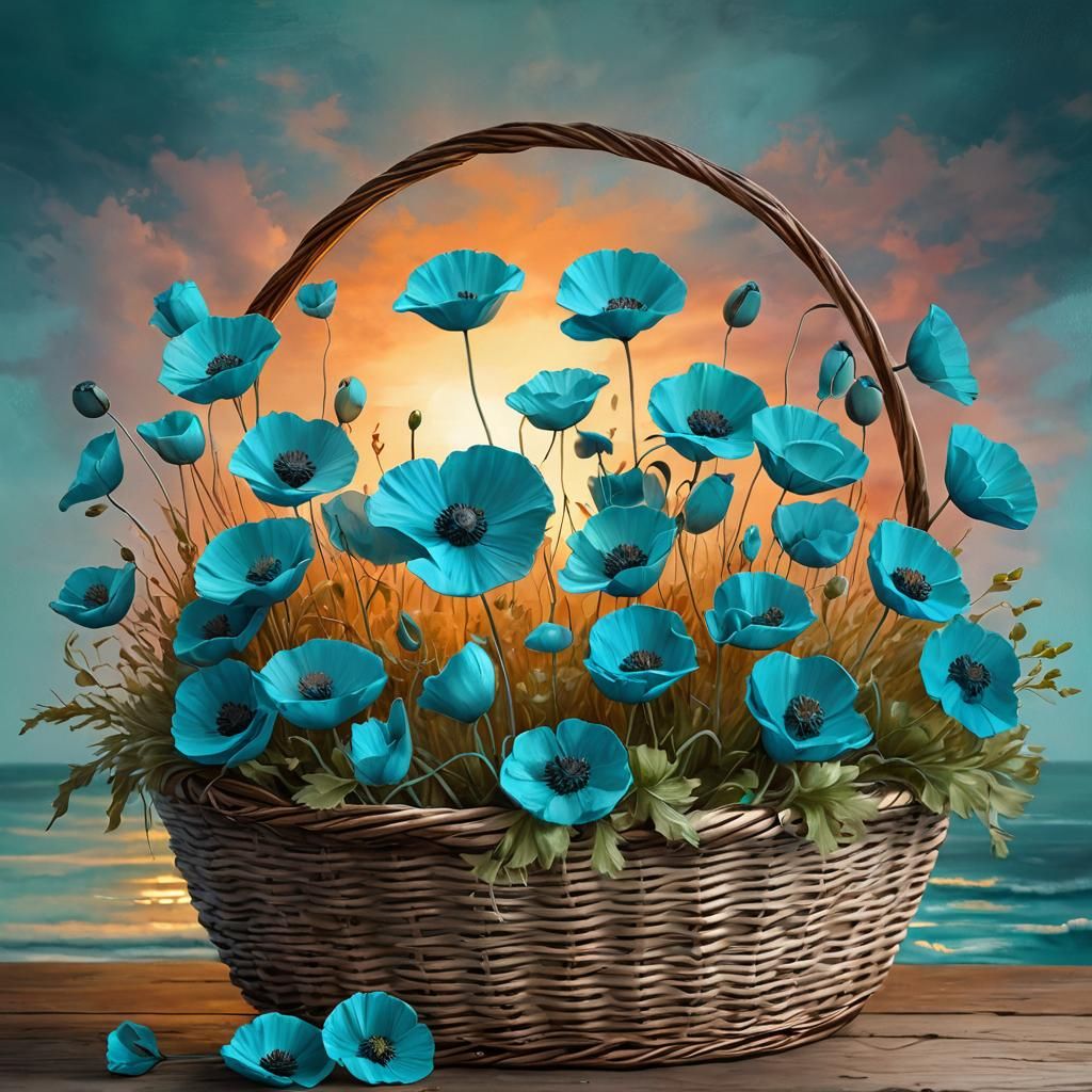 Turquoise Poppies in Basket at Sunset Painting