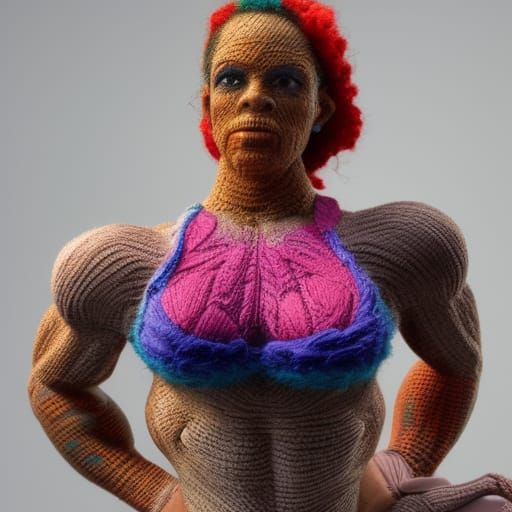 a colorful, textured, knit-bombed, female bodybuilder, made ...