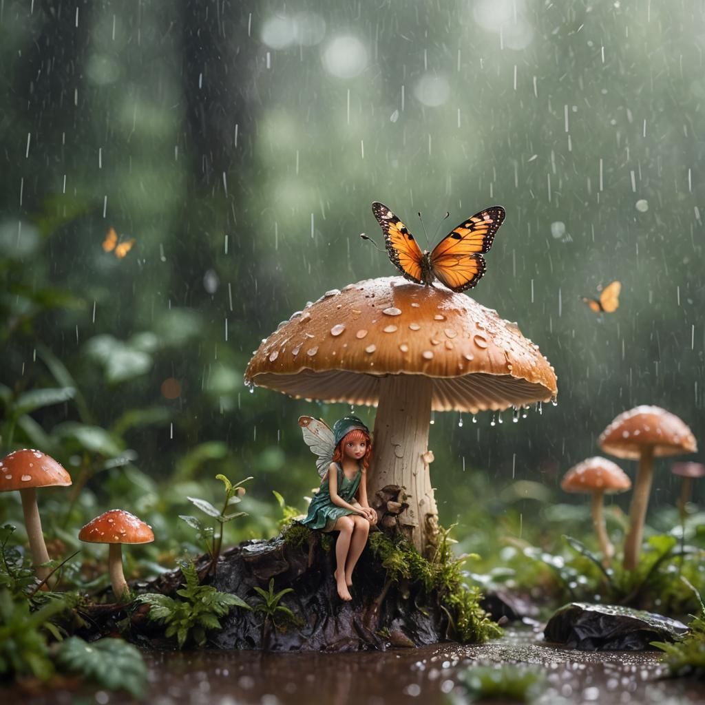 Fairy and Butterfly in Rainy Mushroom Scene