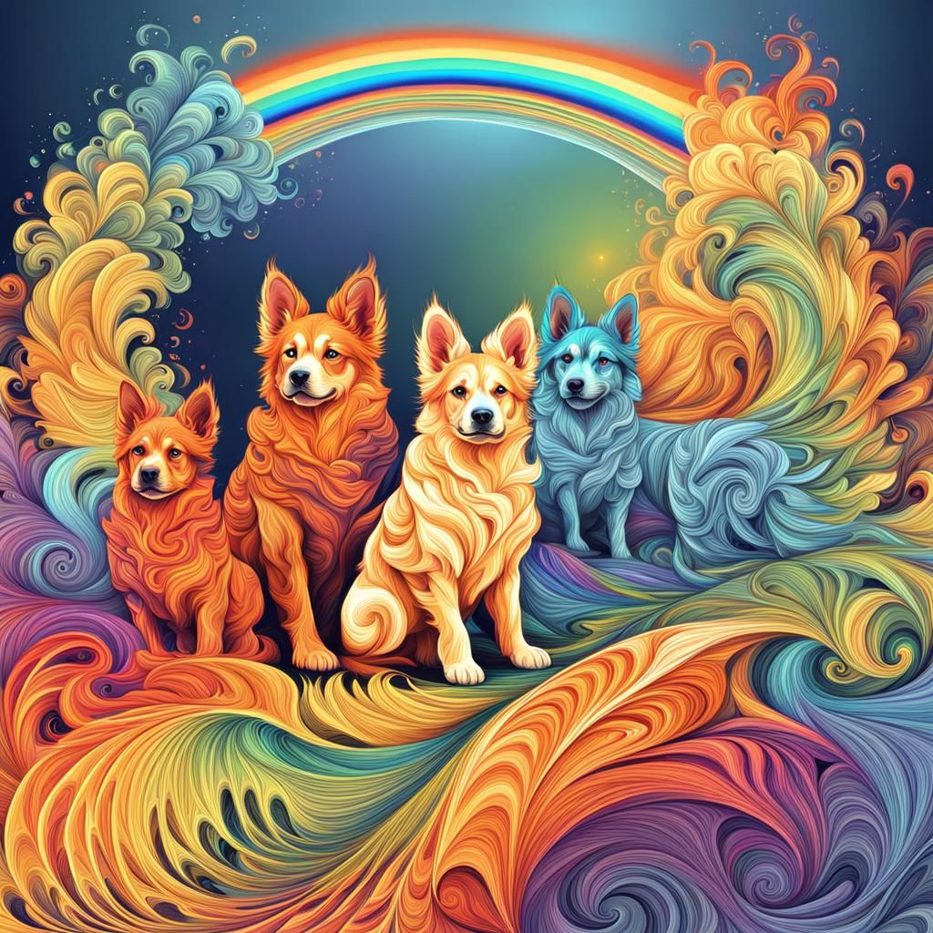 Puppies on Rainbow Bridge in Fiery Storm