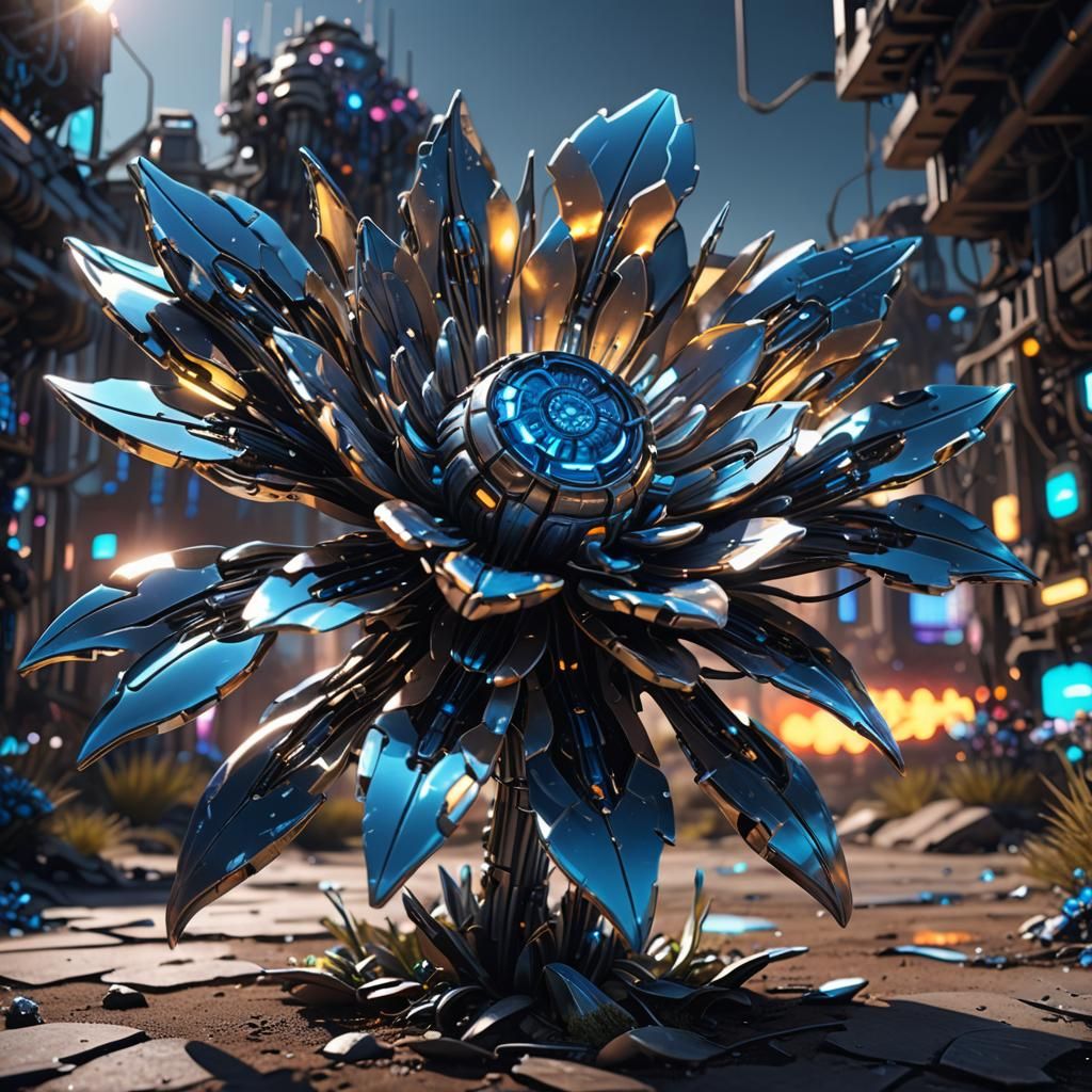 Metallic Robotic Flower in Neon Sci-Fi Landscape