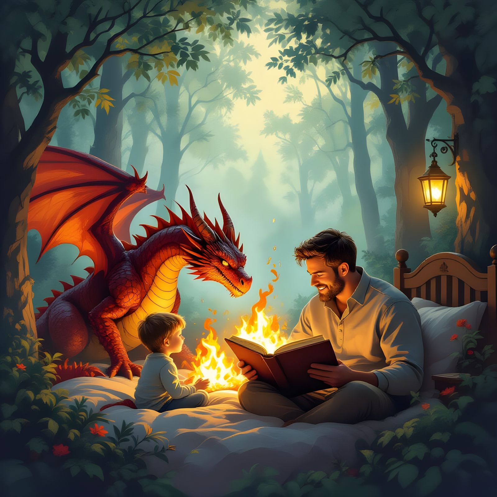 Father and Son's Dragon Adventure in Storybook Illustration