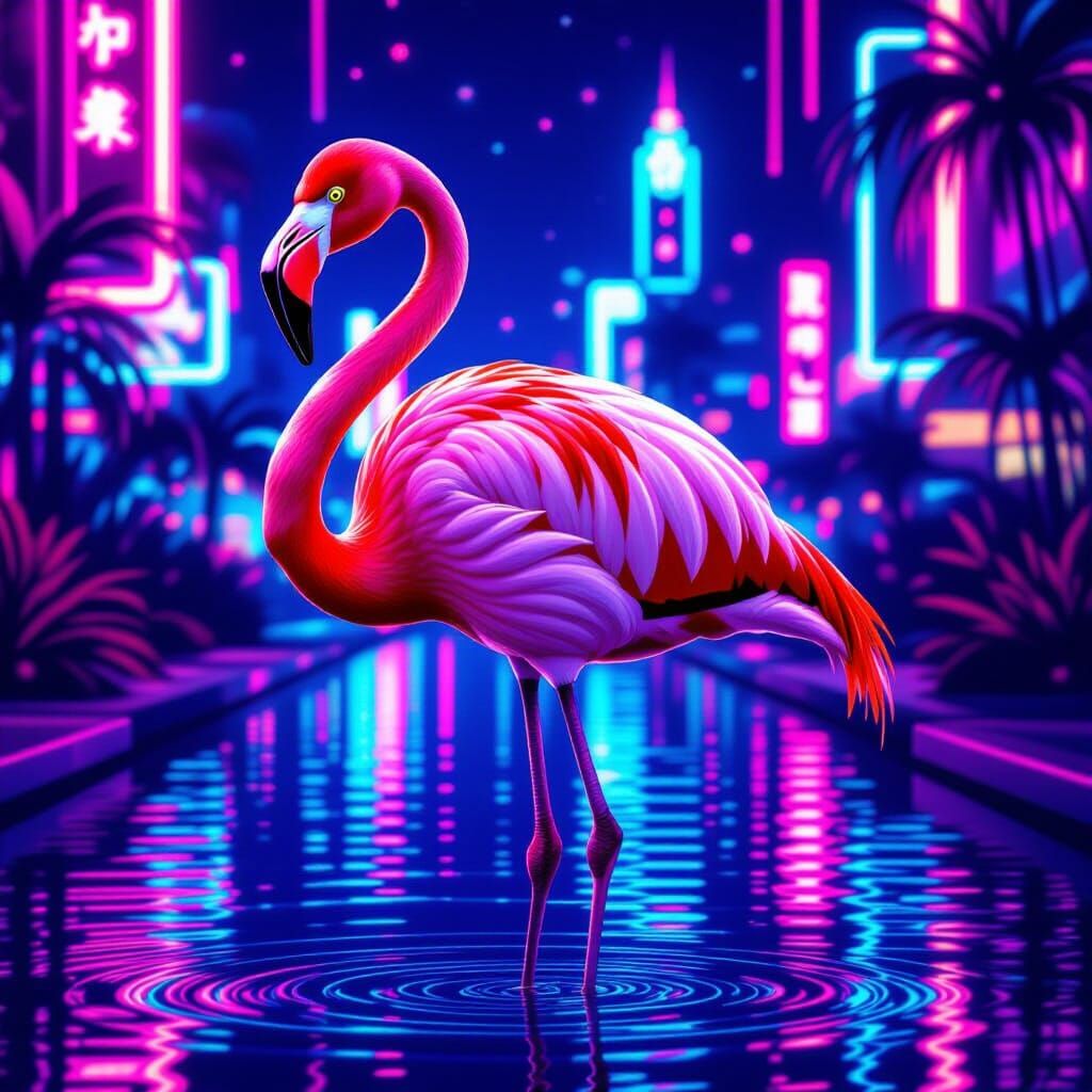 Flamingo in Neon Casino Lights, Pop Art Illustration