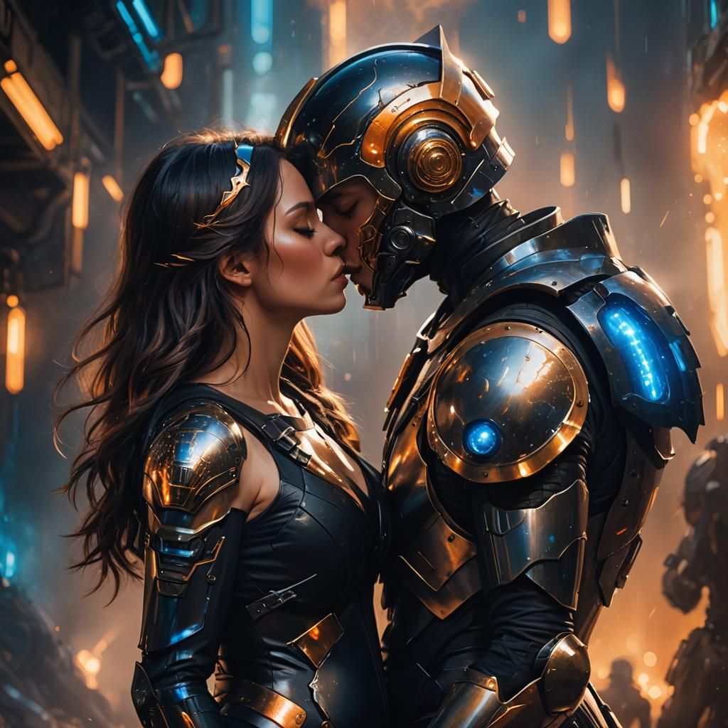 Sci-Fi Embrace: Pregnant Woman and Armored Man