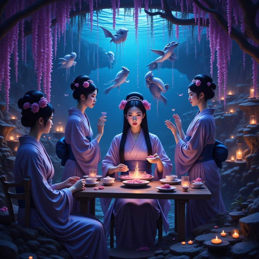 Underwater Tea Room with Spectral Geisha in Dark Fantasy Sty...