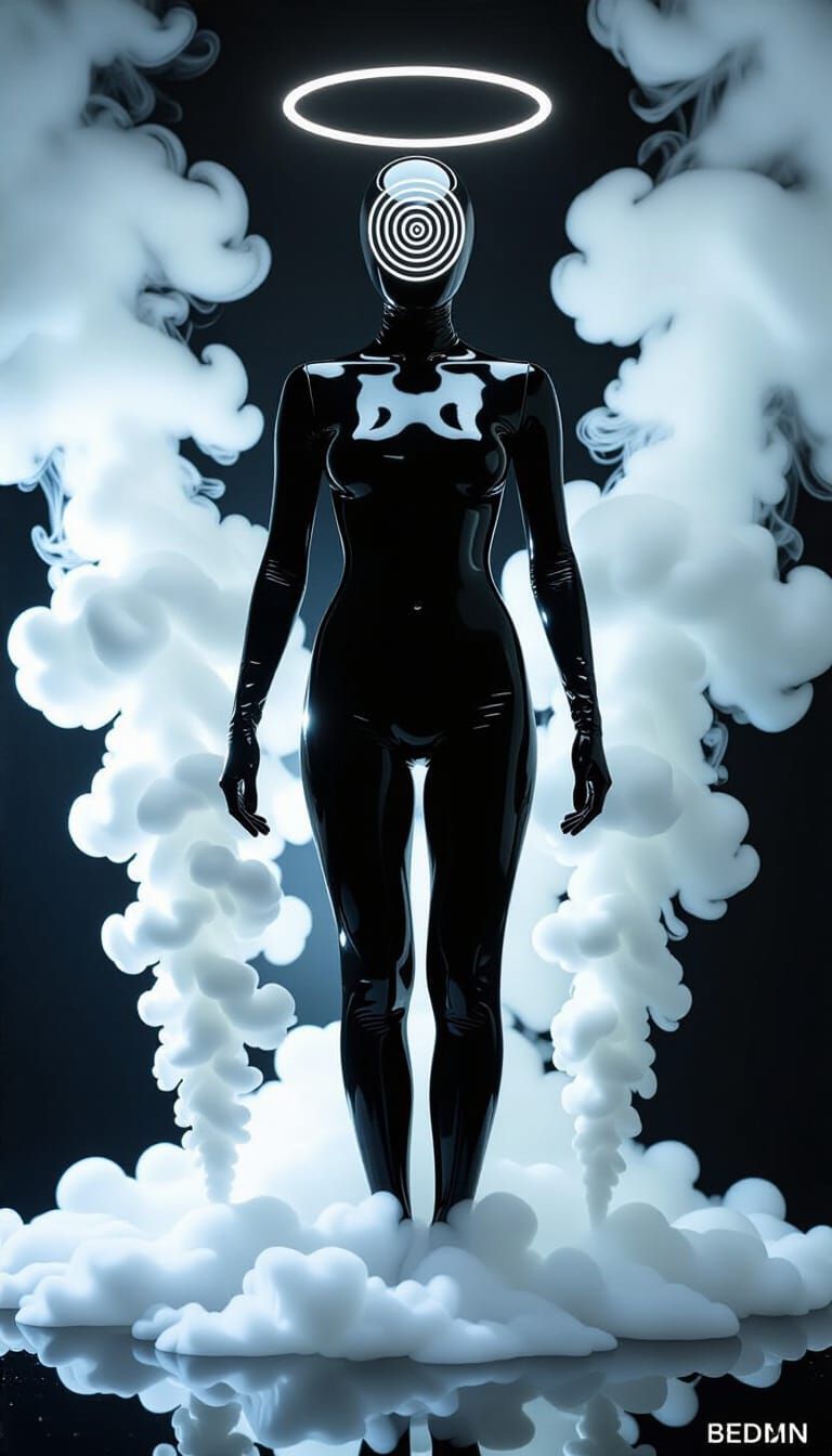 Glossy Black Figure with Hypnotic Spiral in Smoky Abstract A...