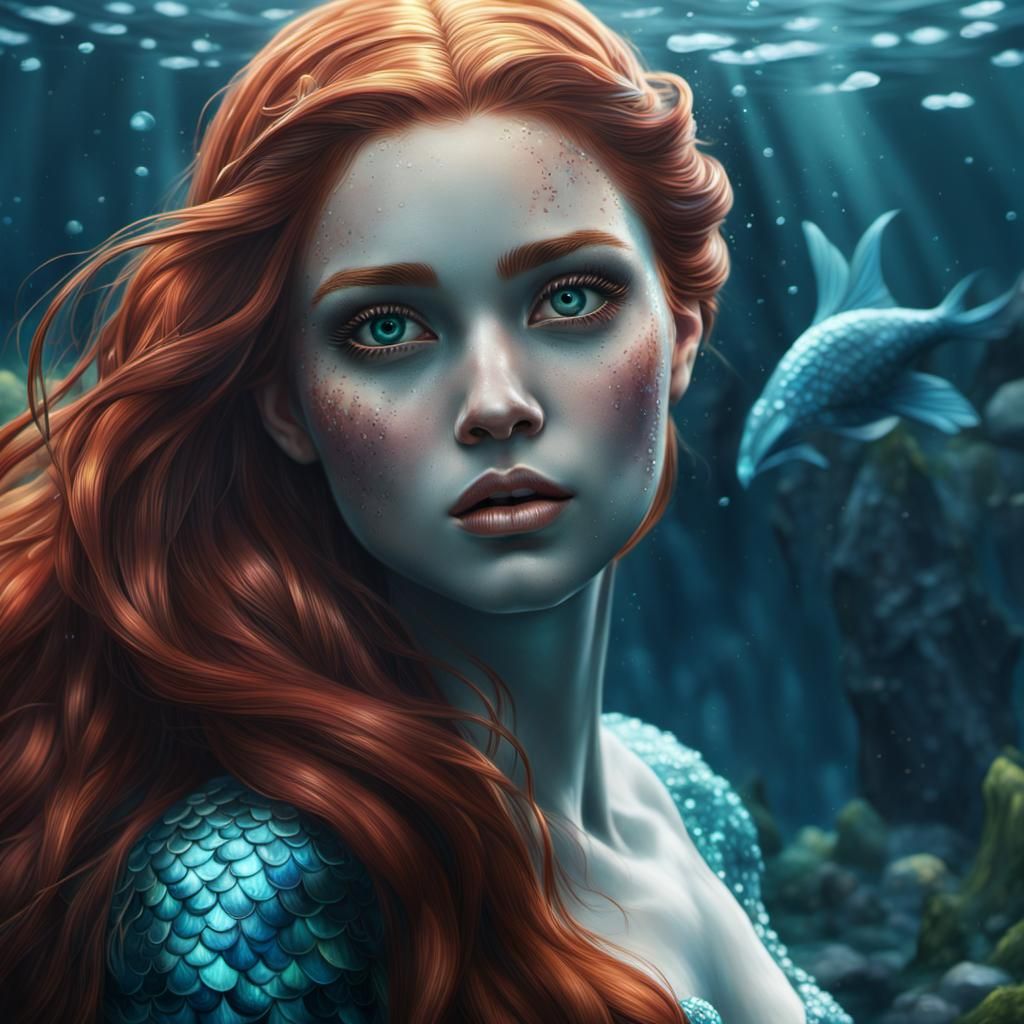 Beautiful Auburn-Haired Mermaid: Hyperrealistic Digital Pain...