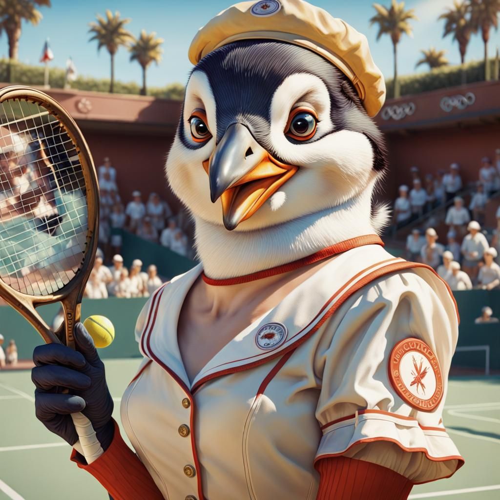 Penguin Tennis Player in Olympic Uniform: Digital Illustrati...