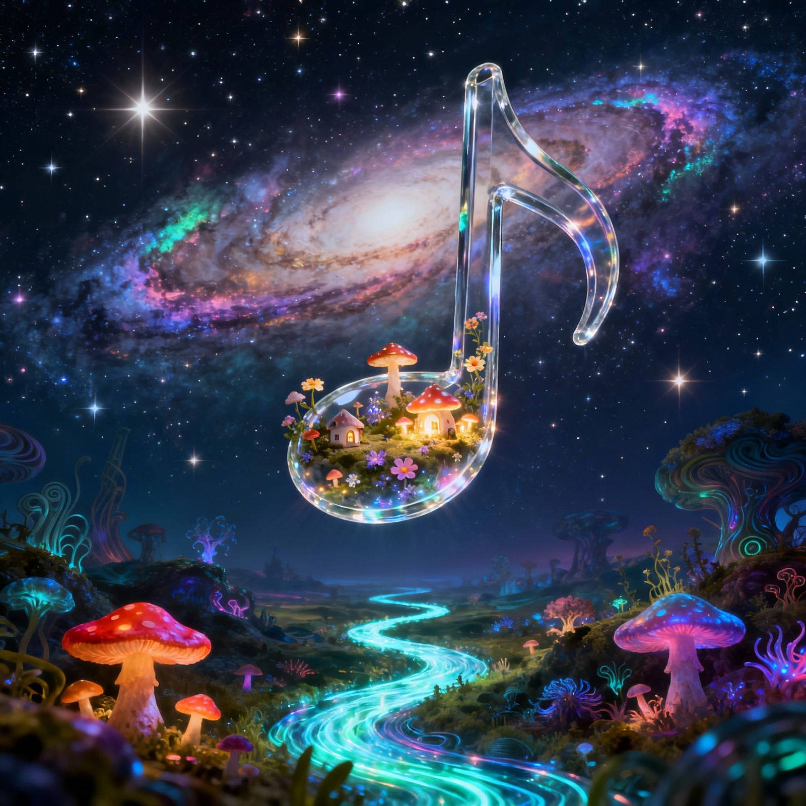 Giant Transparent Music Note In Starry Night Sky