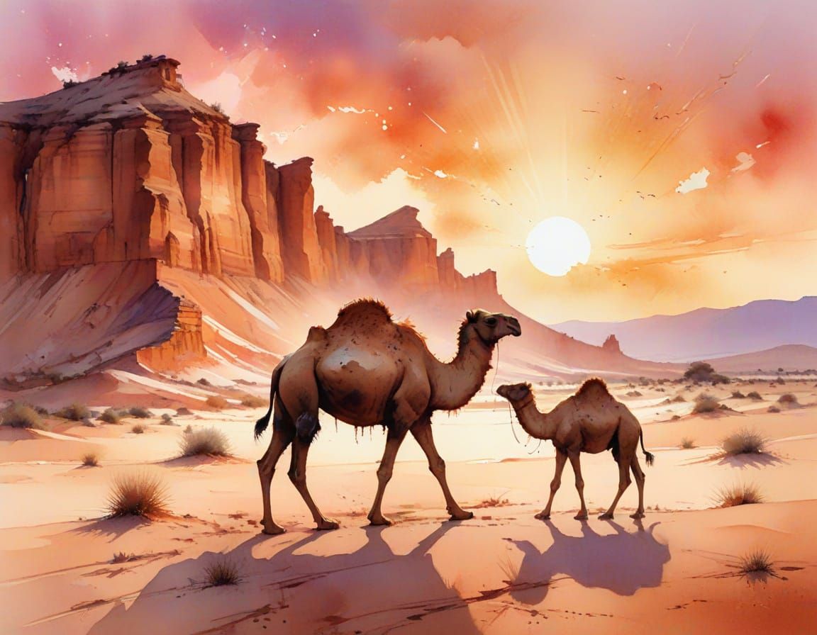 Camels Silhouetted Against Rose-Gold Dunes in Neo-Impression...