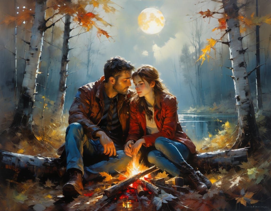 Romantic Couple in Autumn Forest, Oil Painting Style