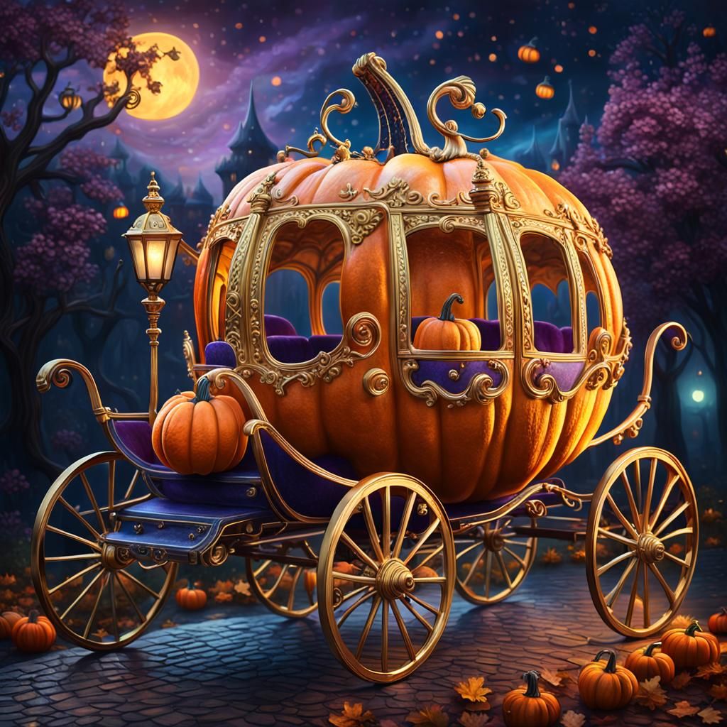 Whimsical Pumpkin Carriage in Superrealistic Oil Paint Style