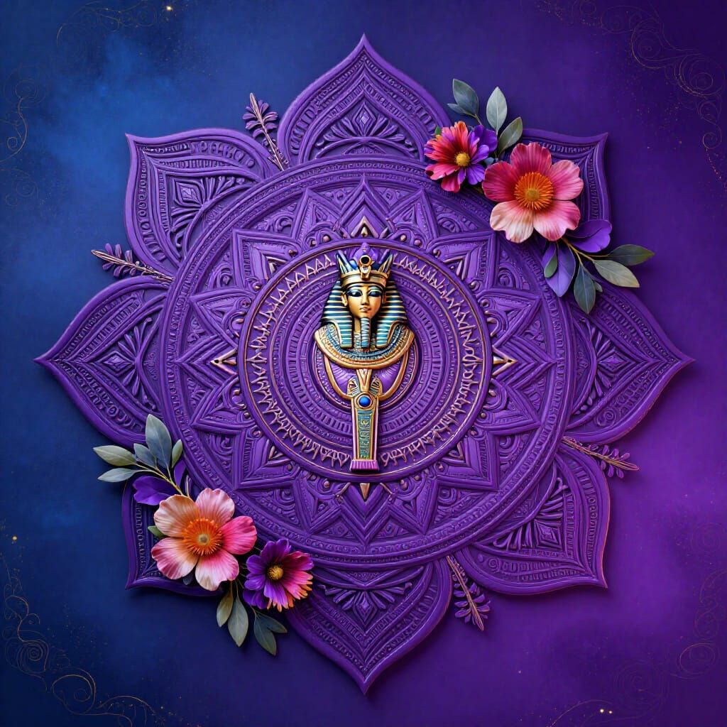 Ornate Purple Mandala with Egyptian Symbols and Floral Accen...