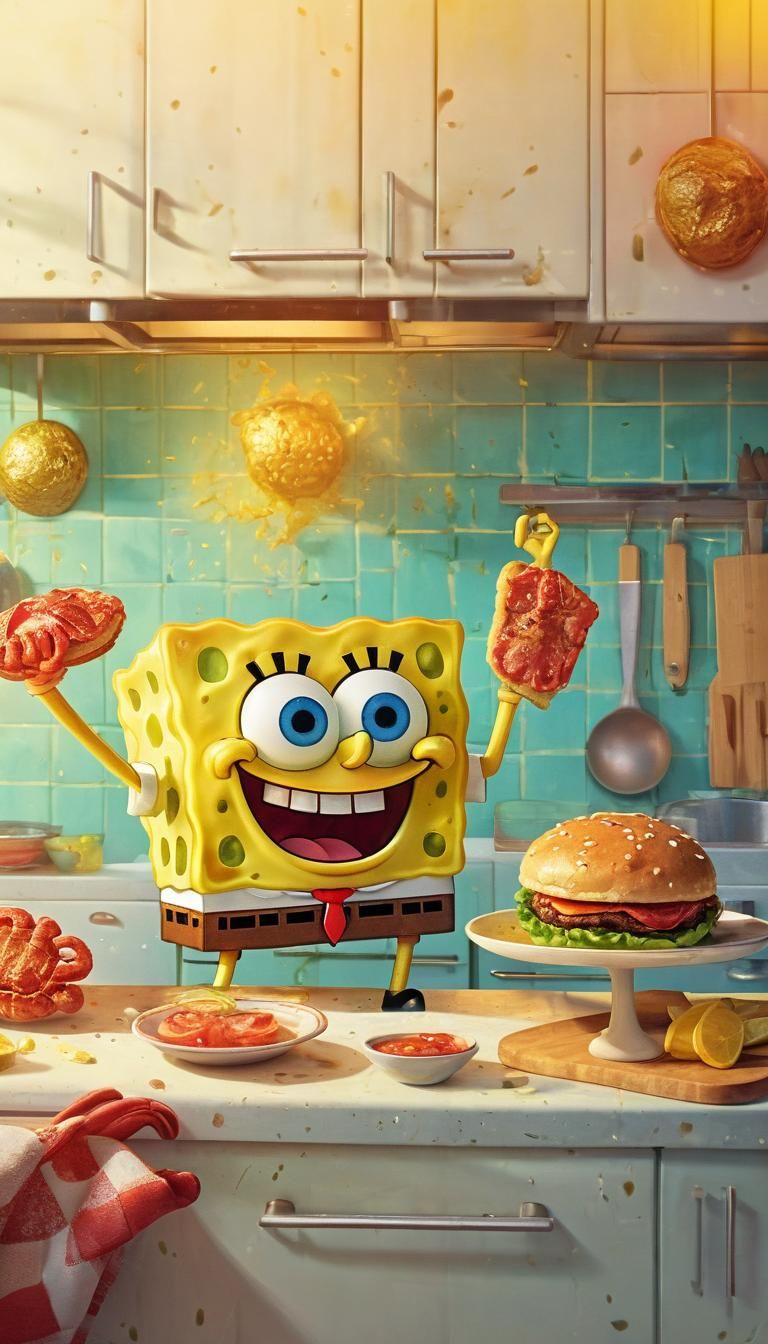Spongebob Flipping Krabby Patty in Cartoon Illustration