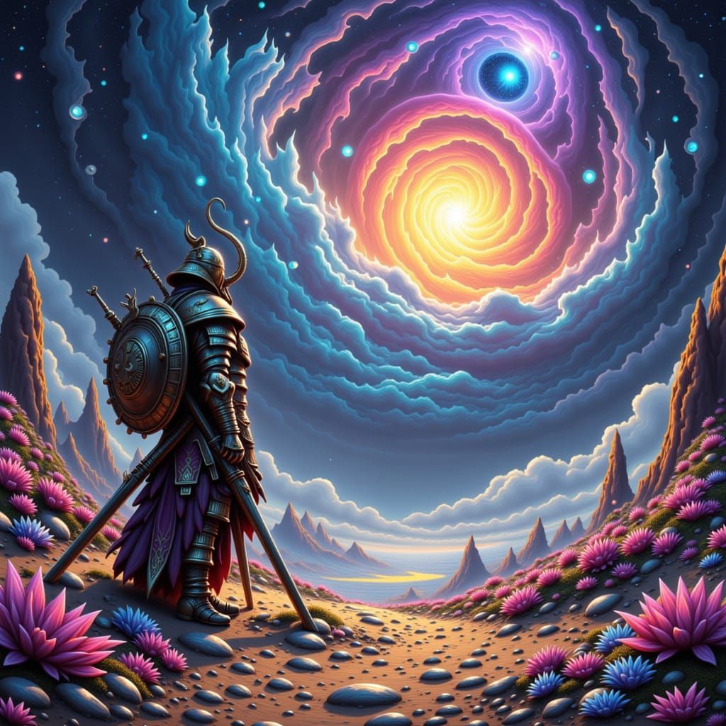 Samurai on Alien Planet Gazing at Nebula