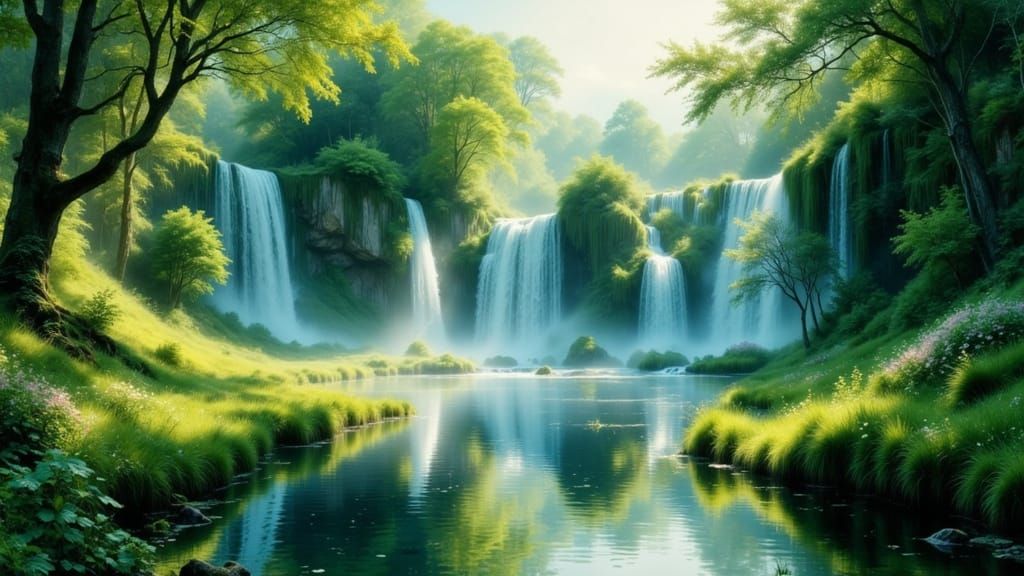 Misty Waterfall in Vaporous Watercolor Style
