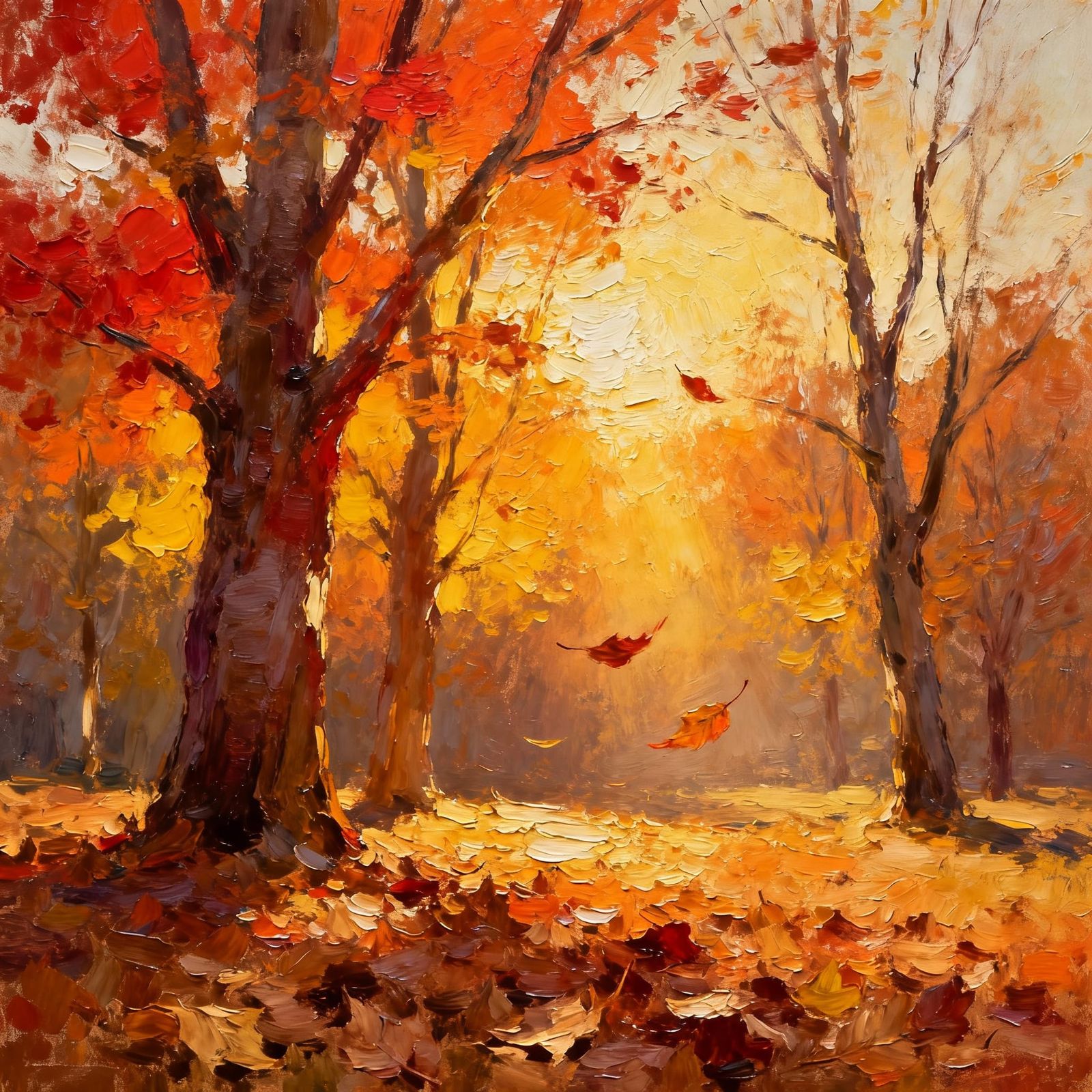 Autumn Trees With Flying Leaves In Impasto Style