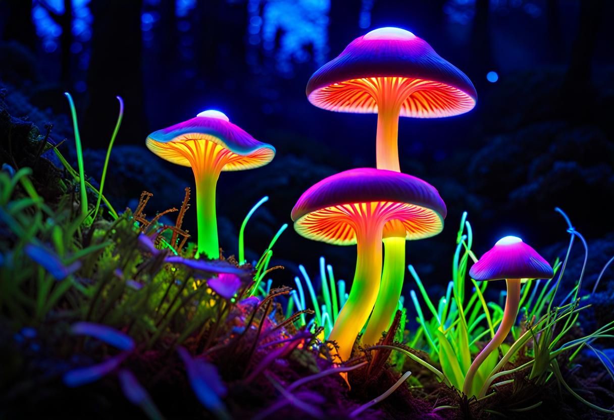 Blacklight Fantasy Bioluminescent Mushrooms in Neon Glow