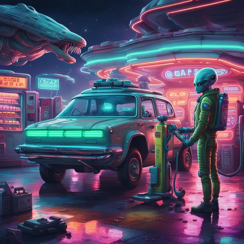 Sci-Fi Alien Gas Station in Neon Noir Style