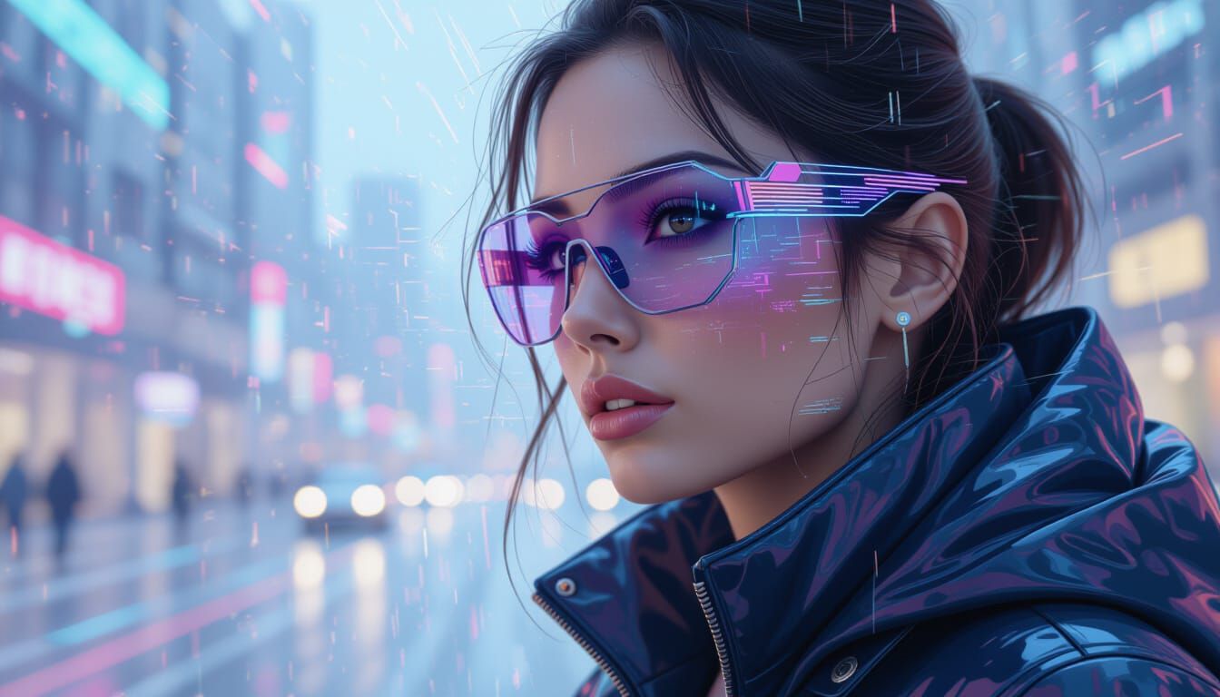 Futuristic Woman Portrait with Glitch Effects in Cyberpunk S...