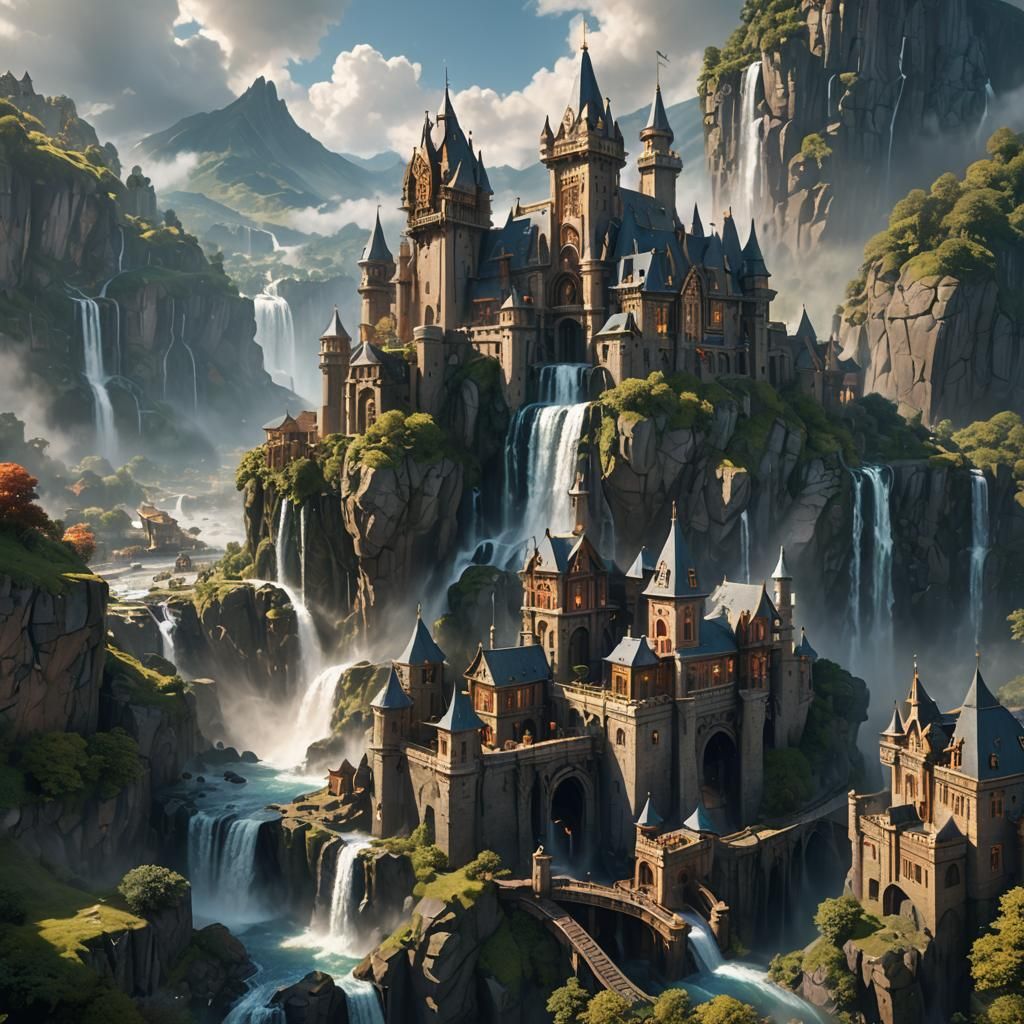 Clockwork Castle and Village with Waterfall, 3D Render