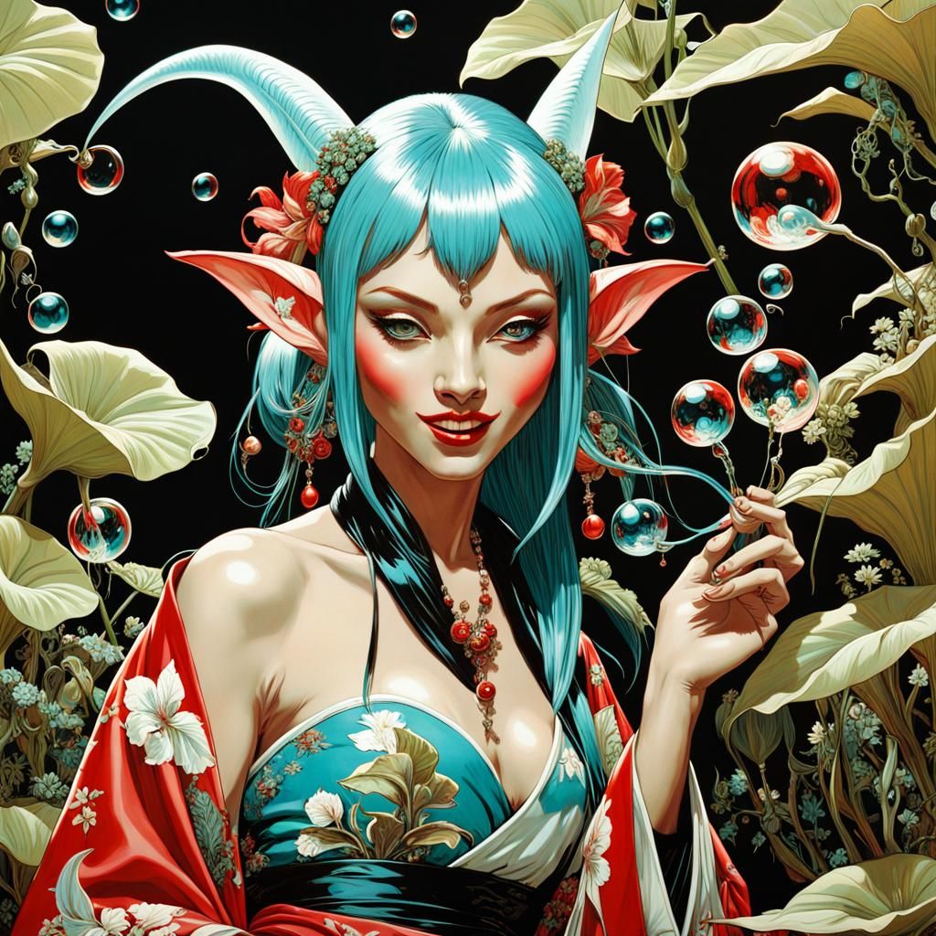 Turquoise Goblin in Floral Kimono Blowing Bubbles