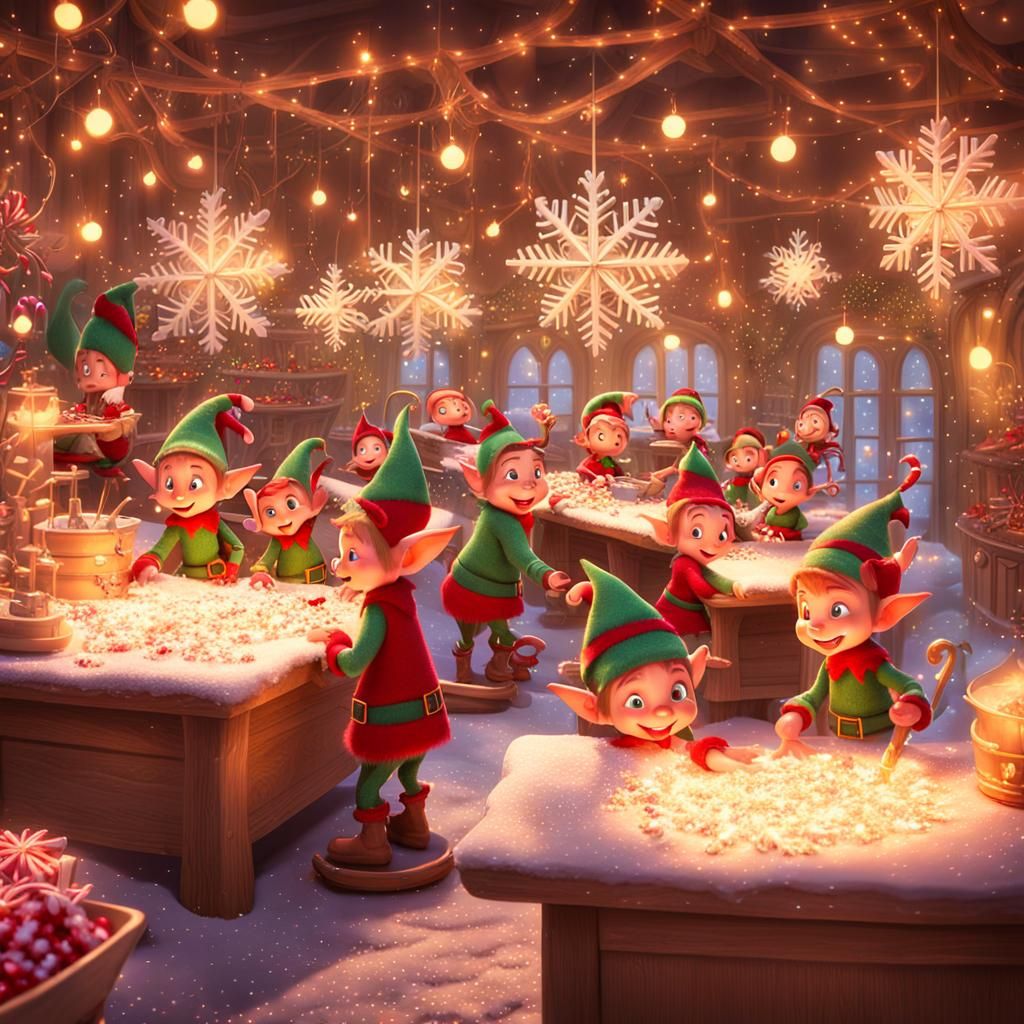 Whimsical Fantasy Christmas Elves in Enchanted Workshop