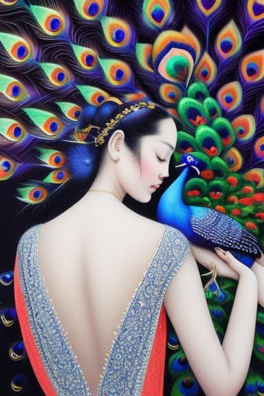 Fairytale Girl and Peacock in Magic Realism