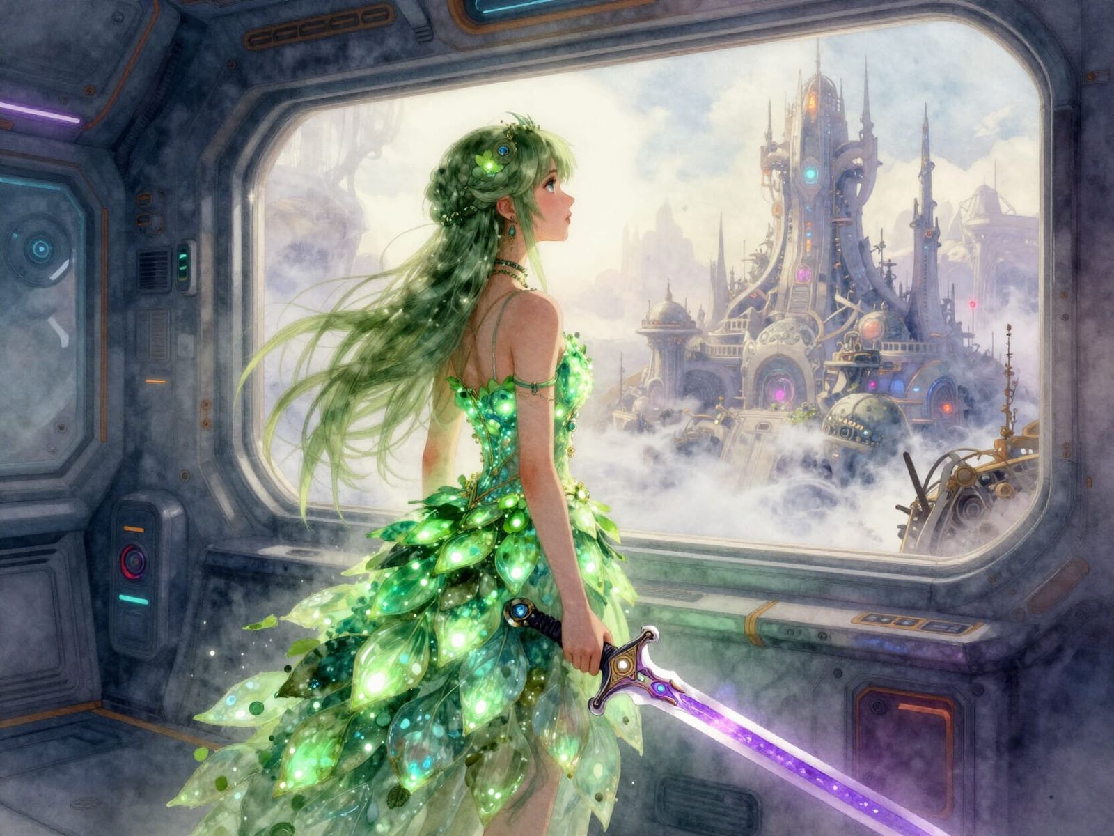 Hope Punk Princess with Luminescent Sword on Cyberpunk Ship