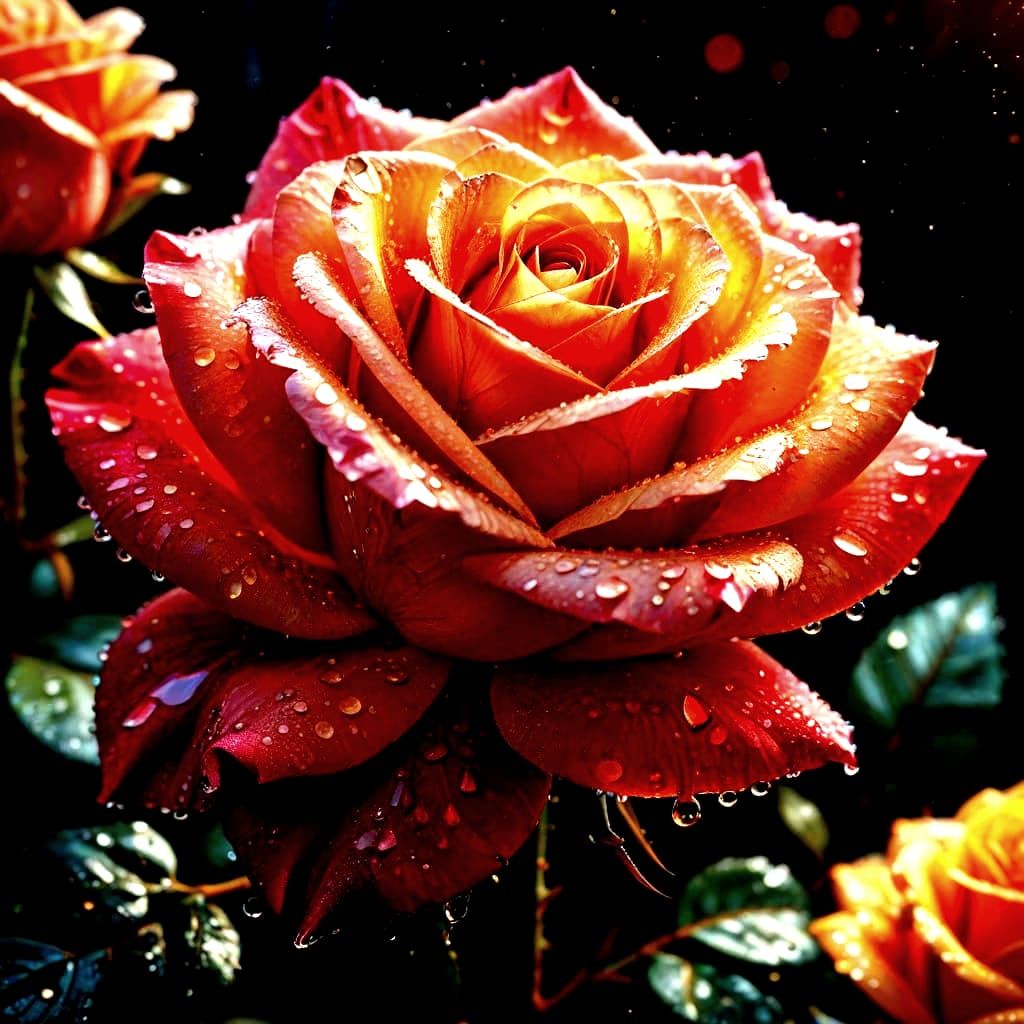 Blood-Red Crystalline Rose with Water Droplets