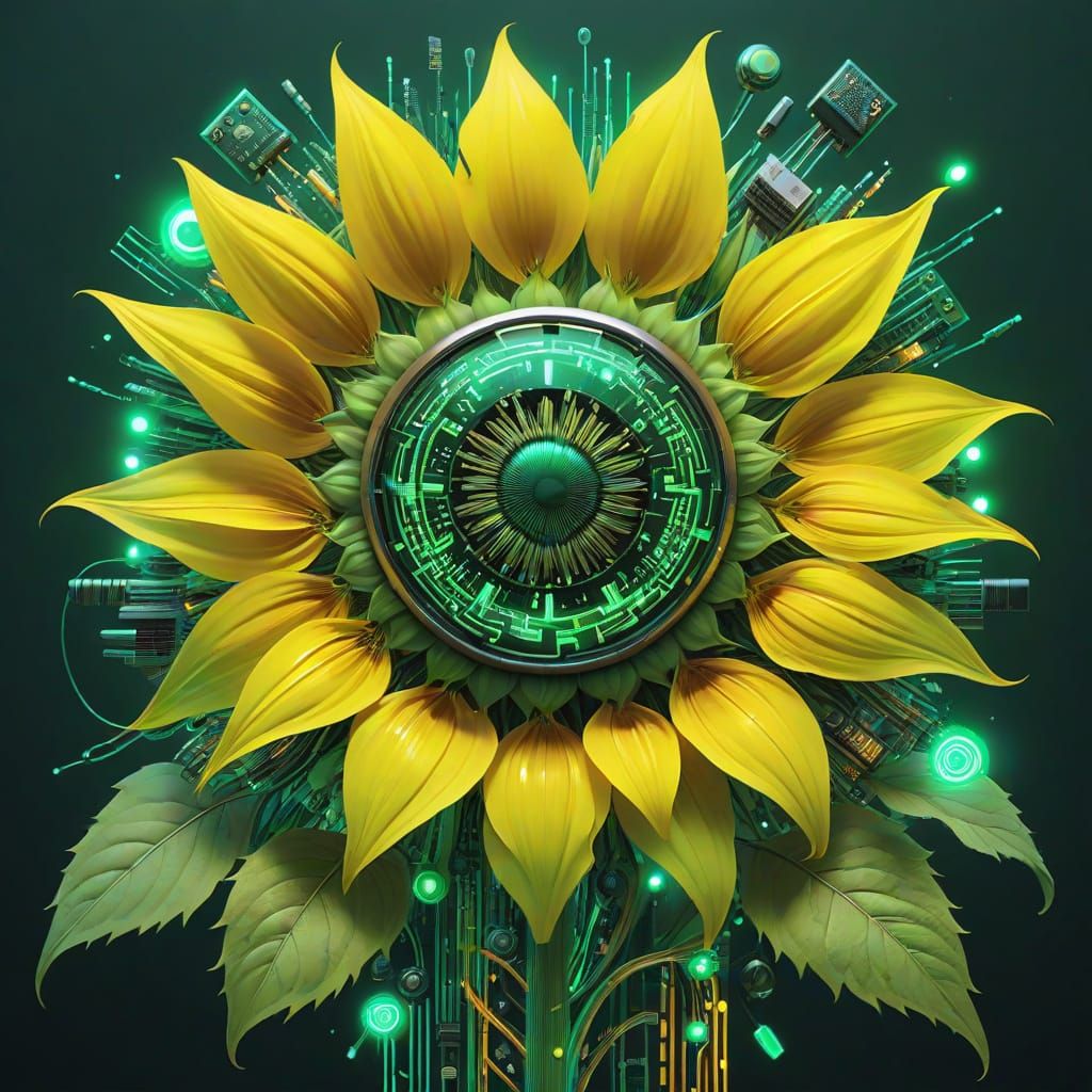 Sunflower Made of Circuits and Binary Code