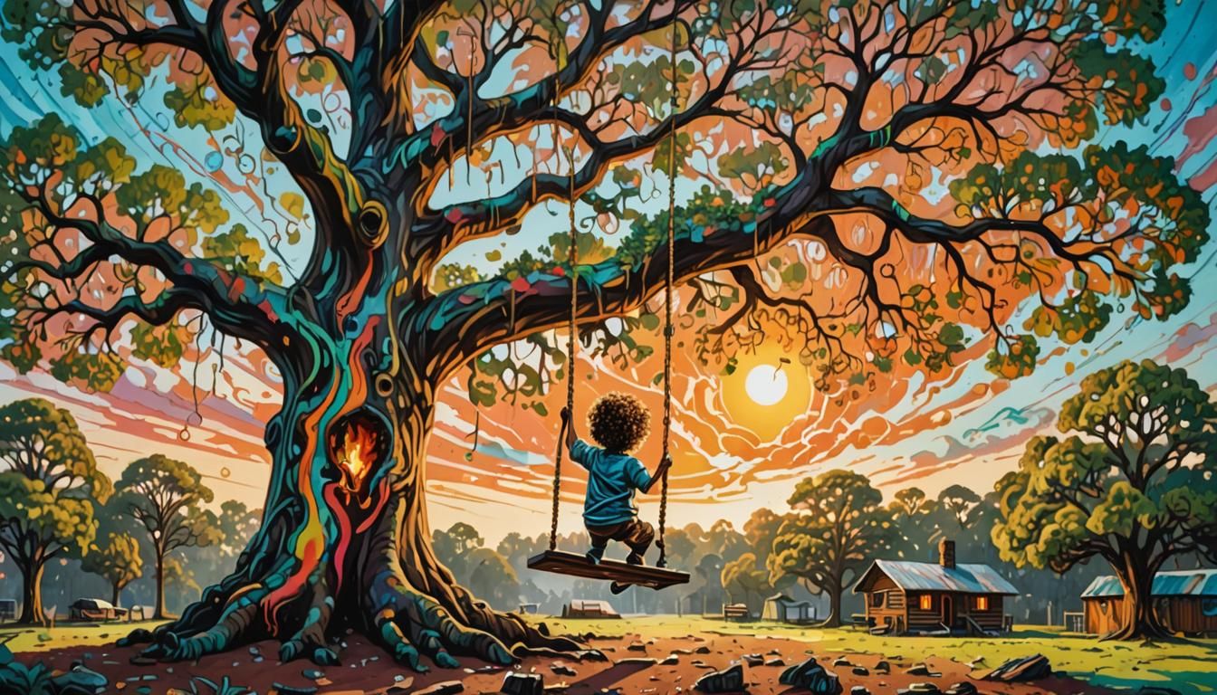Boy on Swing Under Giant Tree, Graffiti Art