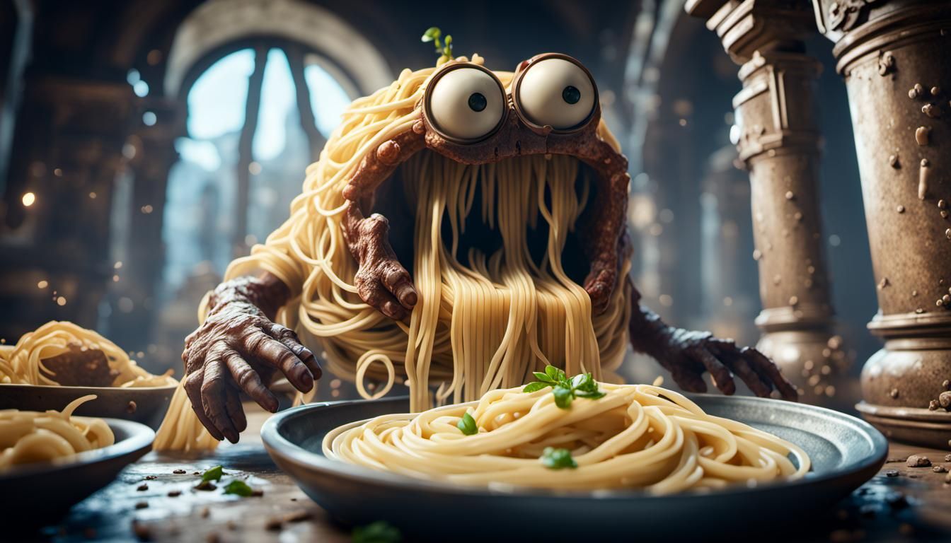 Ancient Pasta Monster in 3D Game Cinematic Style