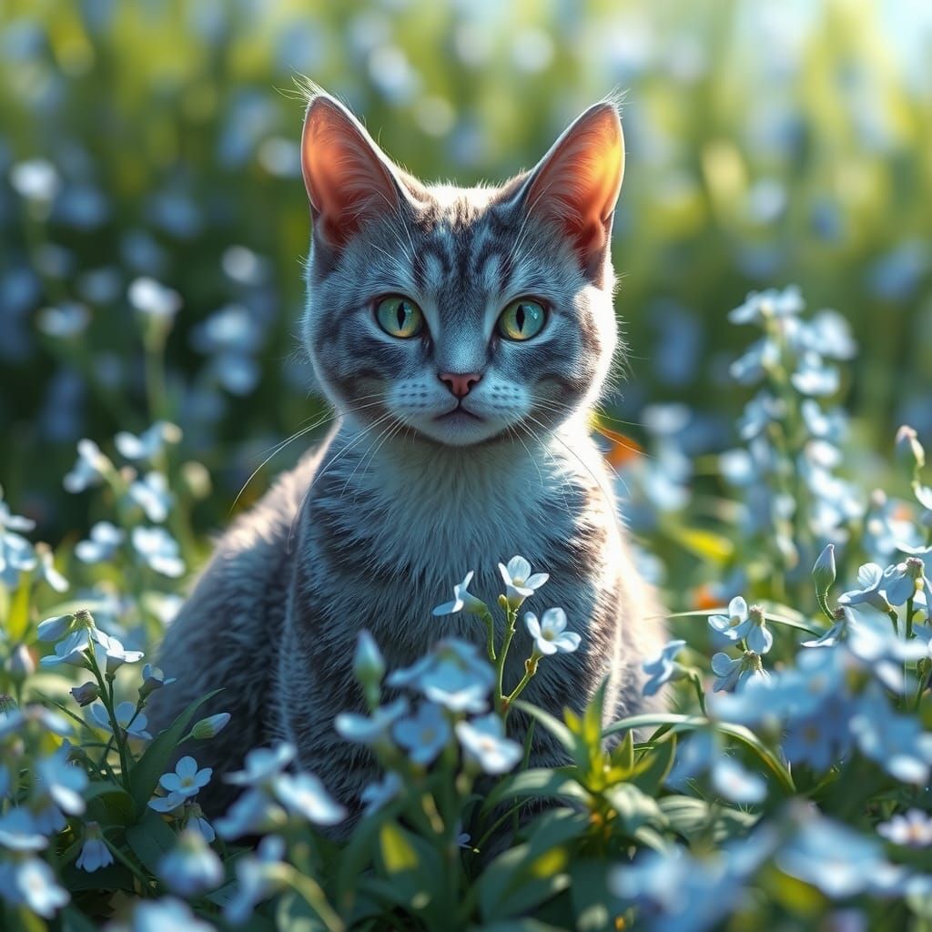 Blue-Grey Cat in Forget-Me-Nots: 3D Anime Art