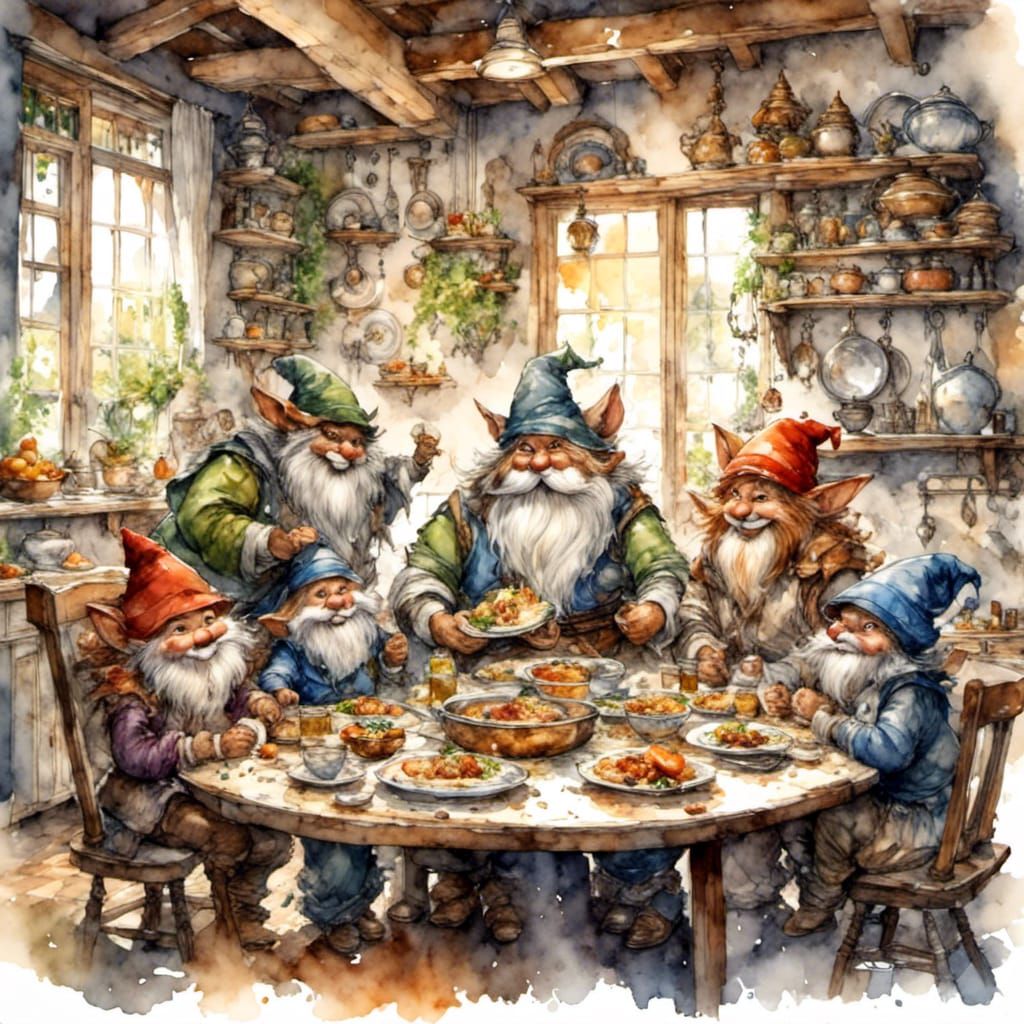 Gnome Family Dinner in Watercolor Style