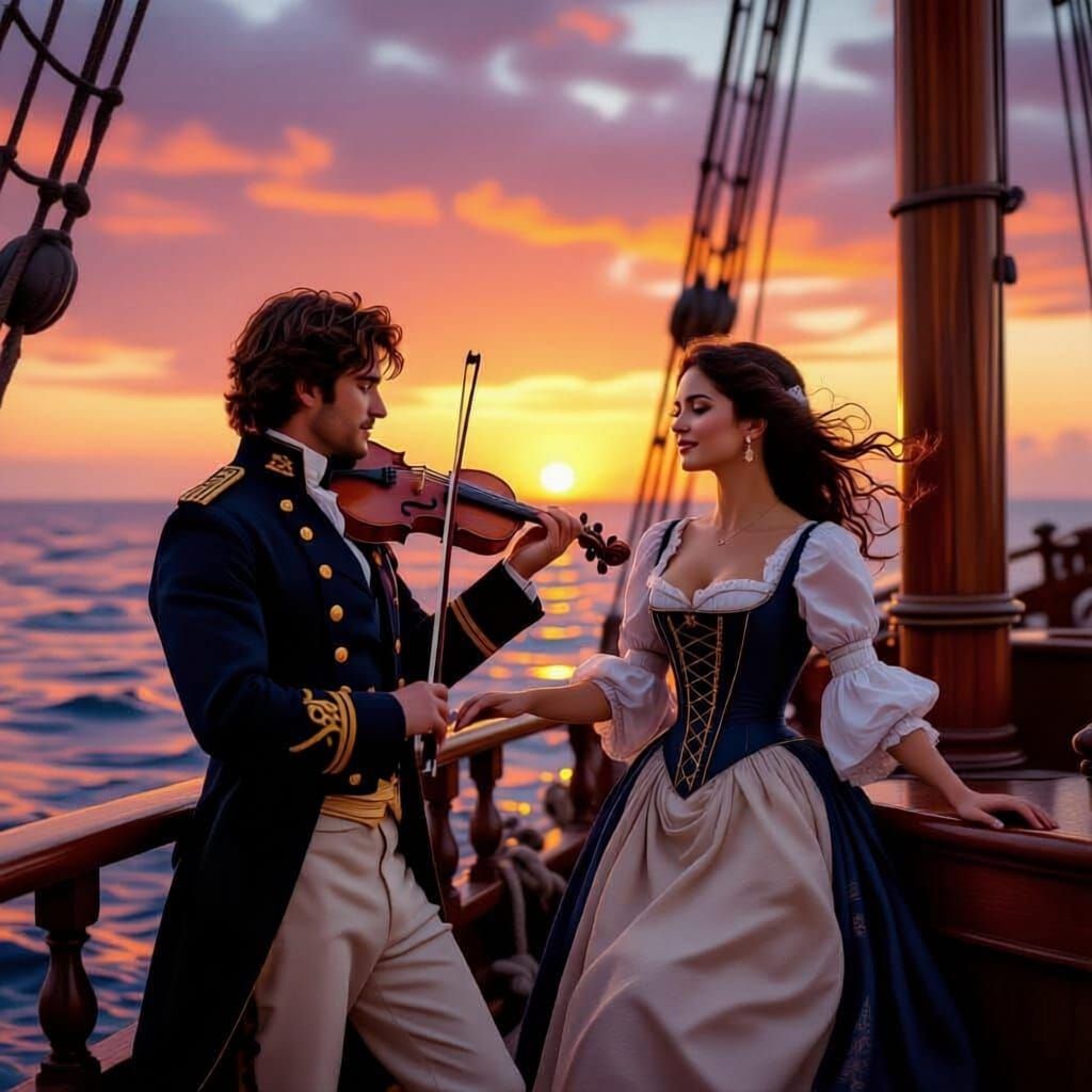 Romantic 19th Century Naval Scene at Sunset