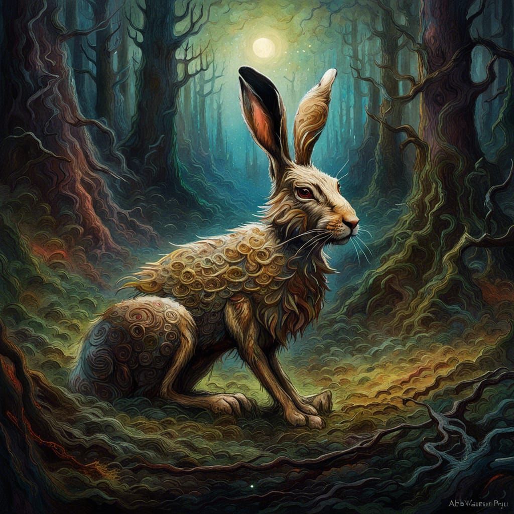 Hairy Hare in a Sci-Fi Forest, Impasto Painting