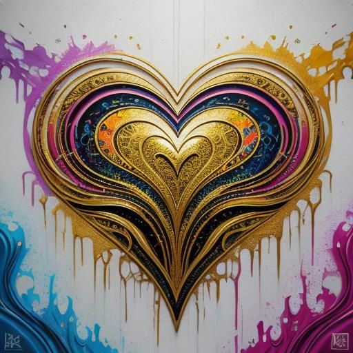 Gold Heart Graffiti Art in Hyperrealistic Style