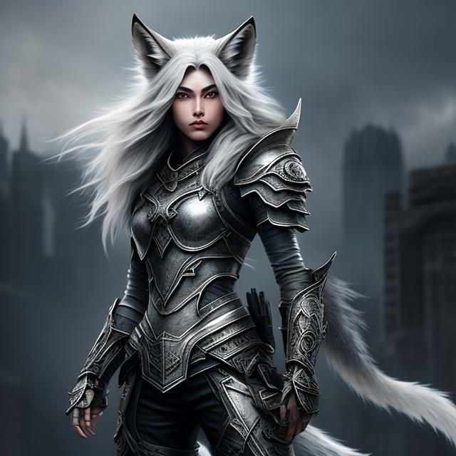 A beautiful silver wolf girl with wolf ears standing with her silver wolf Epic cinematic brilliant stunning intricate me...