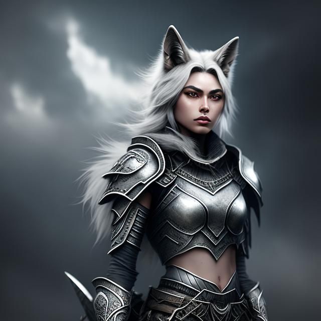 A beautiful silver wolf girl with wolf ears standing with her silver wolf Epic cinematic brilliant stunning intricate me...