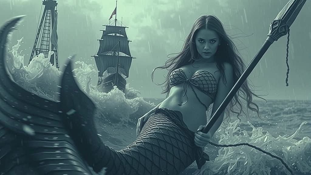 Mysterious Mermaid with Spear in Stormy Sea