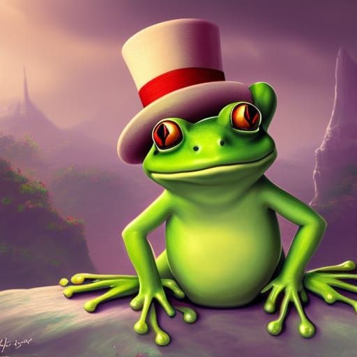 Cute Frog with Red Top Hat in Detailed Painting