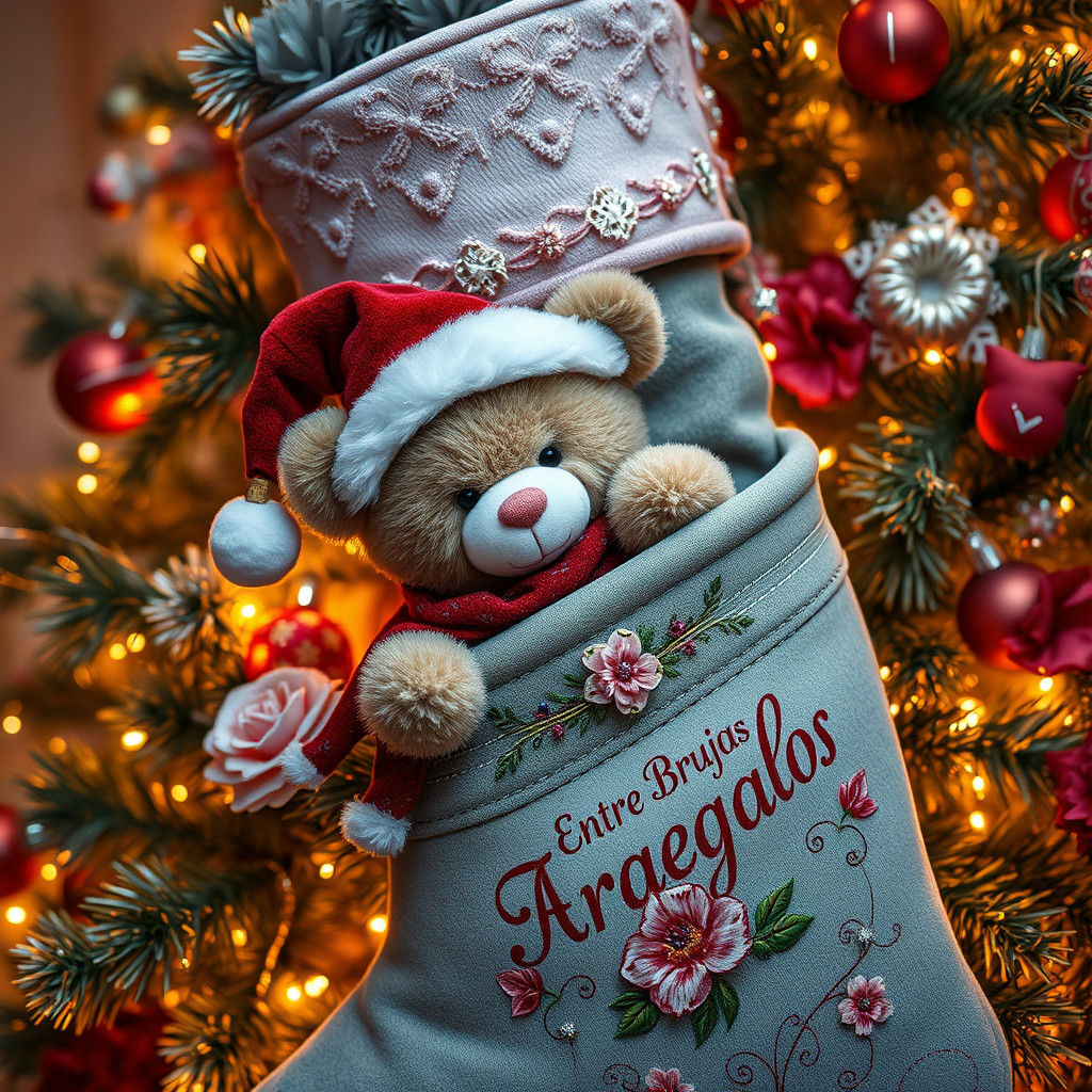 Teddy Bear Snuggled in Ornate Christmas Stocking