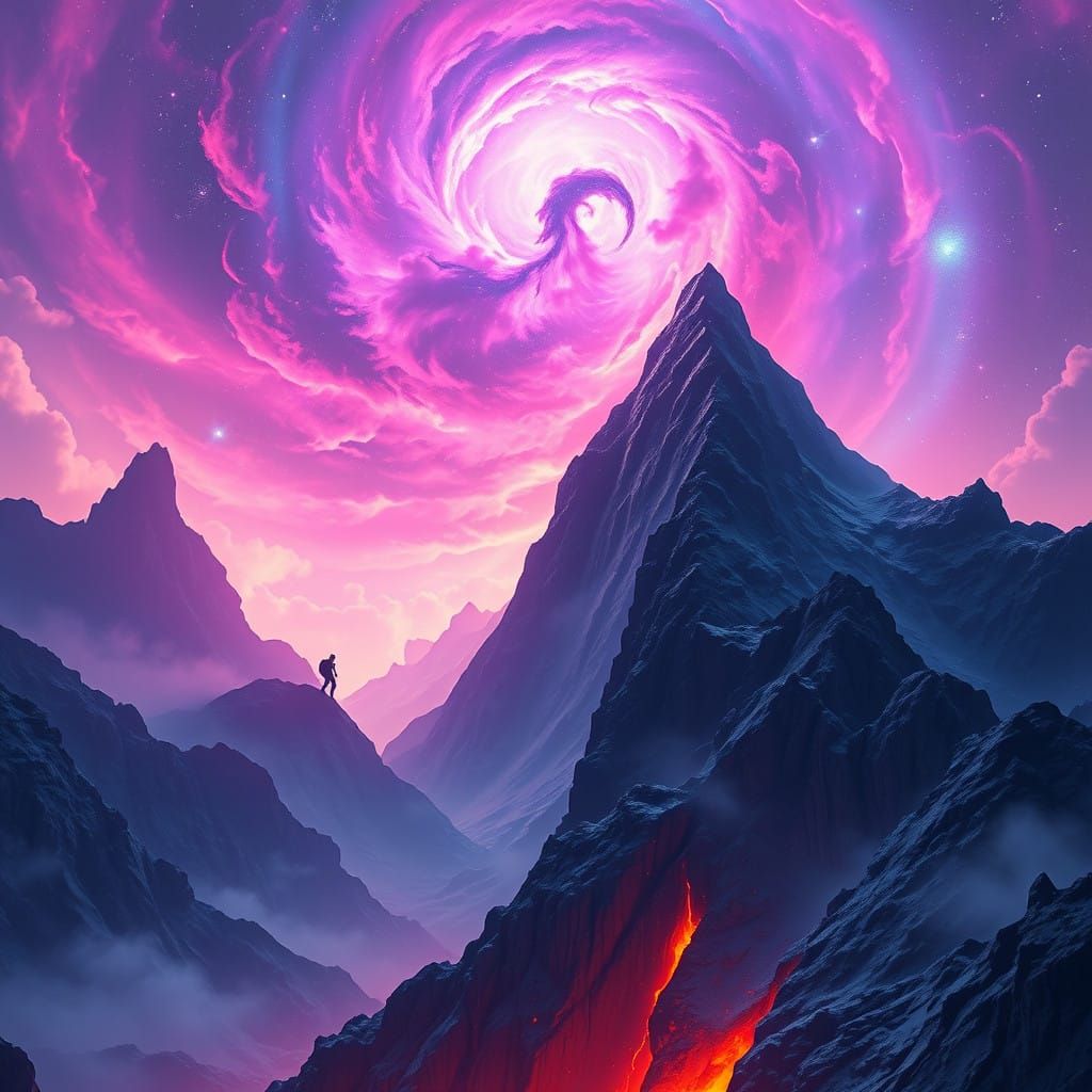 Climber Ascends Celestial Heights Amidst Vibrant Nebula