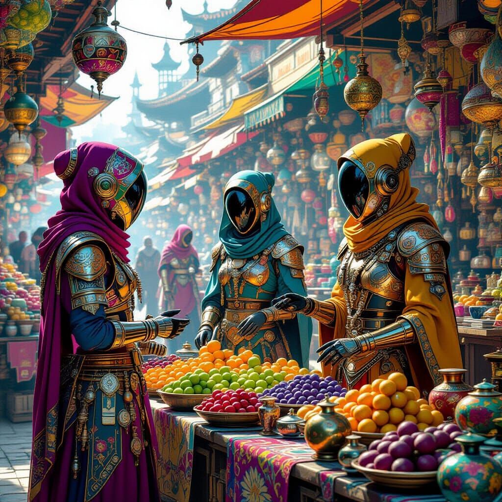 Exotic Alien Marketplace with Ornate Merchants