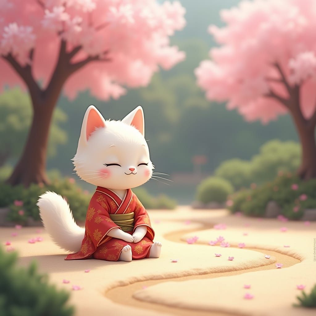 Meditating White Cat in Zen Garden: Anime Art