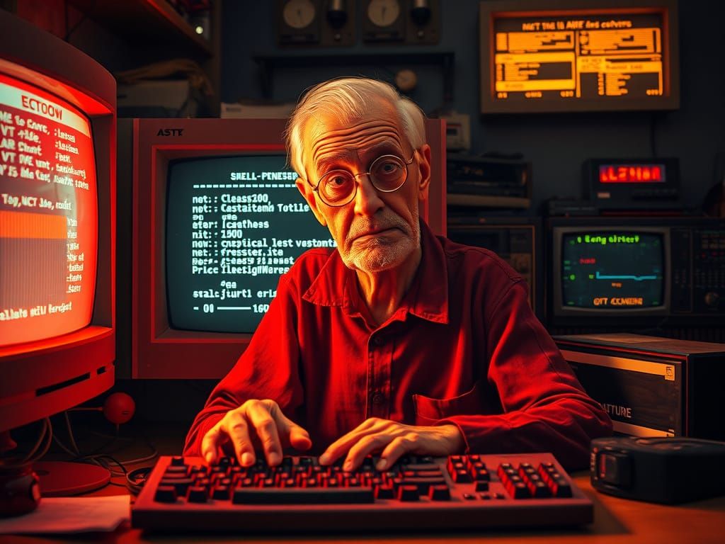 Old Man at Desk Lit by Glowing Monitor in Dusty Vintage Elec...