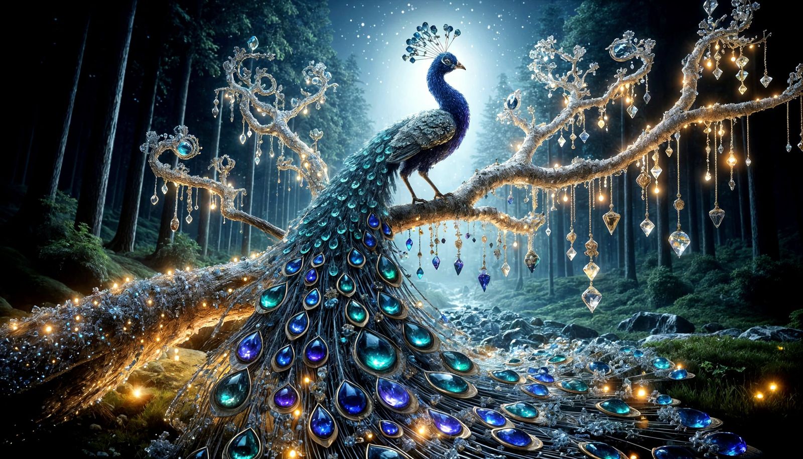Majestic Crystal Peacock in Radiant Bead Forest